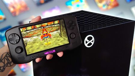 Hand holding Evercade Nexus next to a mockup of the next-gen Xbox Project Helix console with Banjo-Tooie gameplay on screen with Kazooie in trot mode.