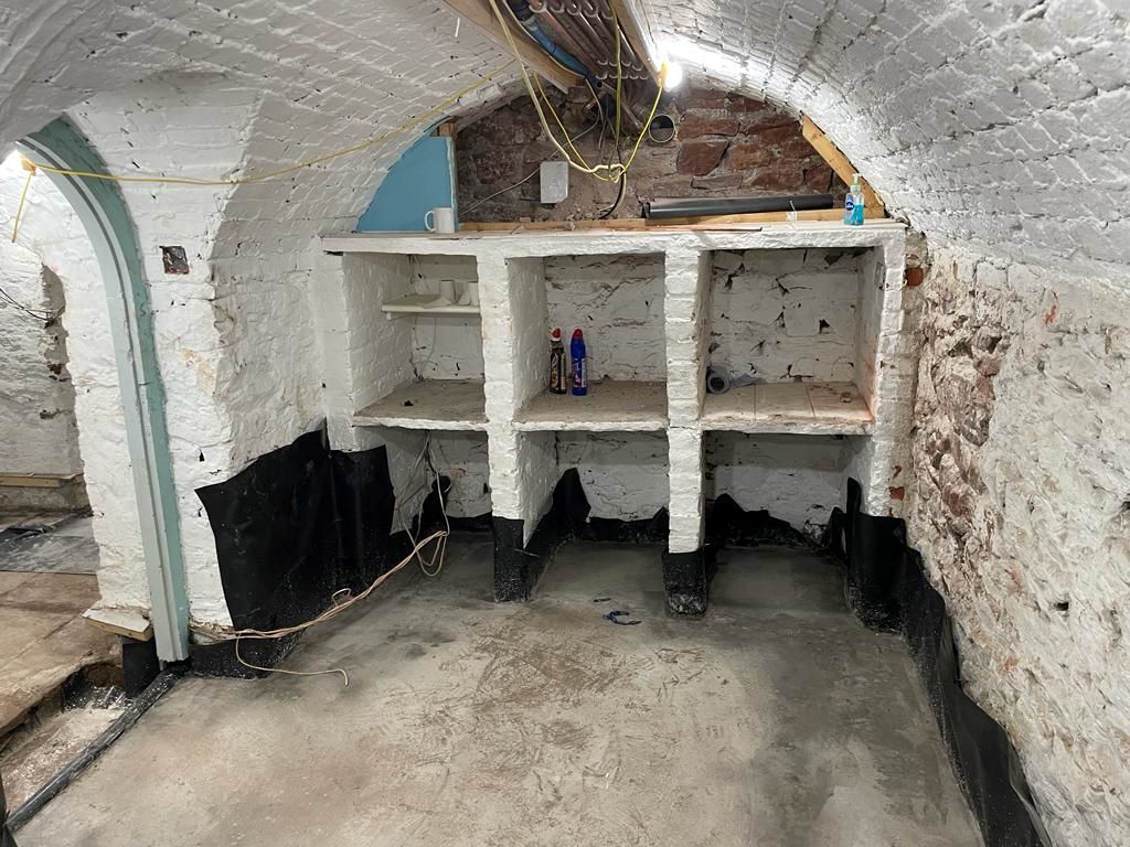 The utility area of the bathroom stripped out with painted brick walls exposed