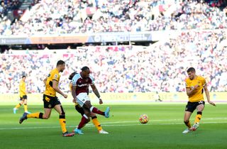 West Ham United’s Michail Antonio attempts a shot on goal during the Premier League match at the London Stadium, London. Picture date: Sunday February 27, 2022