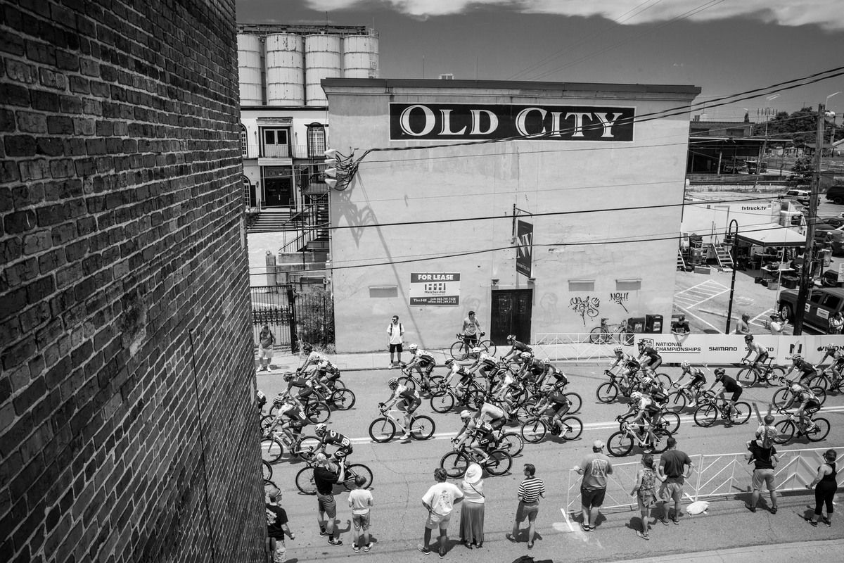The men head through Old City in downtown Knoxville