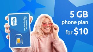 Tello Mobile marketing image showing a woman holding a sim card towards the camera with the words 5GB phone plan for $10 on a blue background