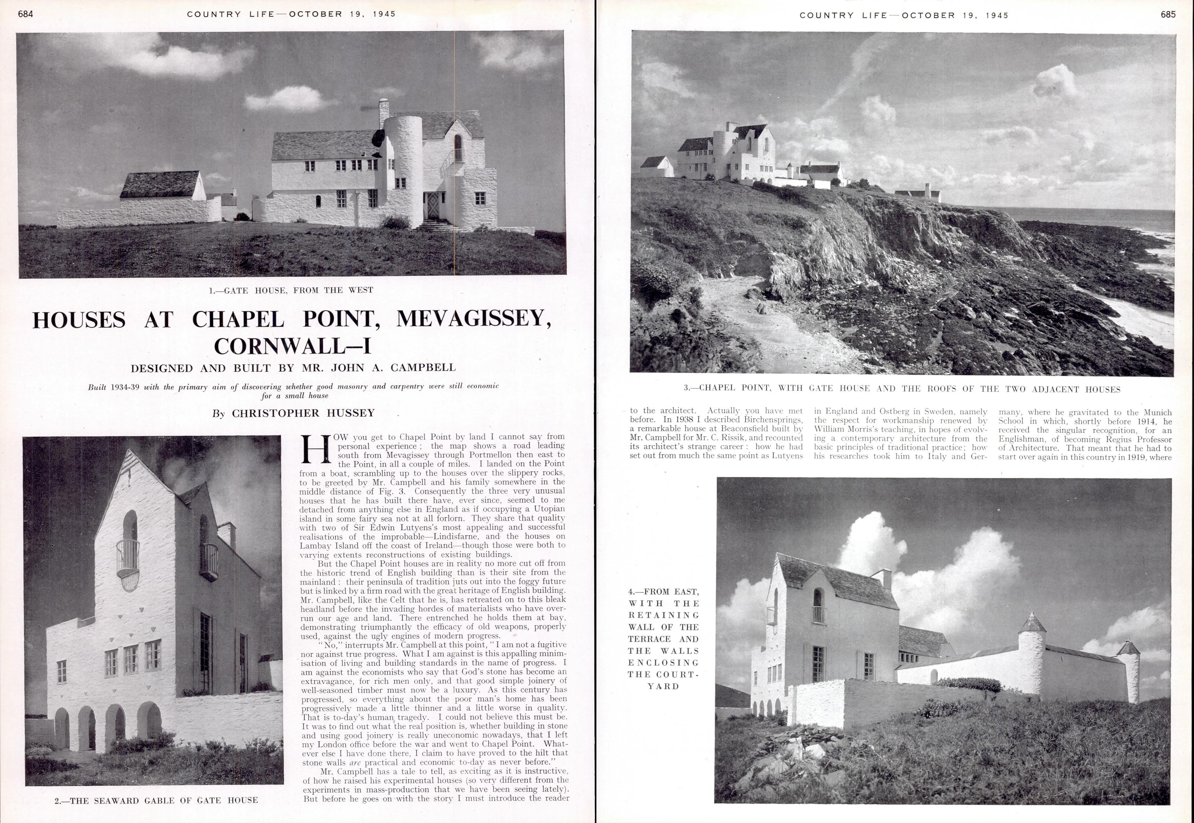 The Gate House at Chapel Point near Mevagissey 1945 article in Country Life
