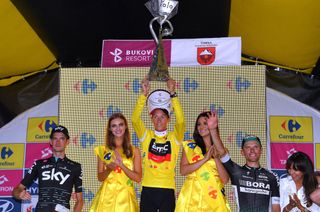 Tour de Pologne winner Dylan Teuns flanked by runner-up Rafal Majka and third-placed Wout Poels