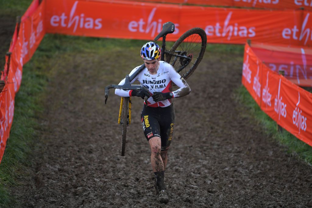 OVERIJSE BELGIUM JANUARY 24 Wout Van Aert of Belgium and Team JumboVisma during the 61st Druivencross World Cup 2021 Mens Elite Mud UCICX CXWorldCup Ostend2021 on January 24 2021 in Overijse Belgium Photo by Luc ClaessenGetty Images
