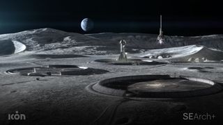 ICON illustration of a conceptual lunar base with 3D printed infrastructure, including landing pads and habitats.