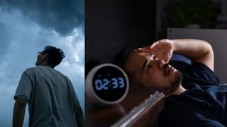 An image of a man looking up at the clouds, next to an image of man unable to sleep at 2.30 in the morning.