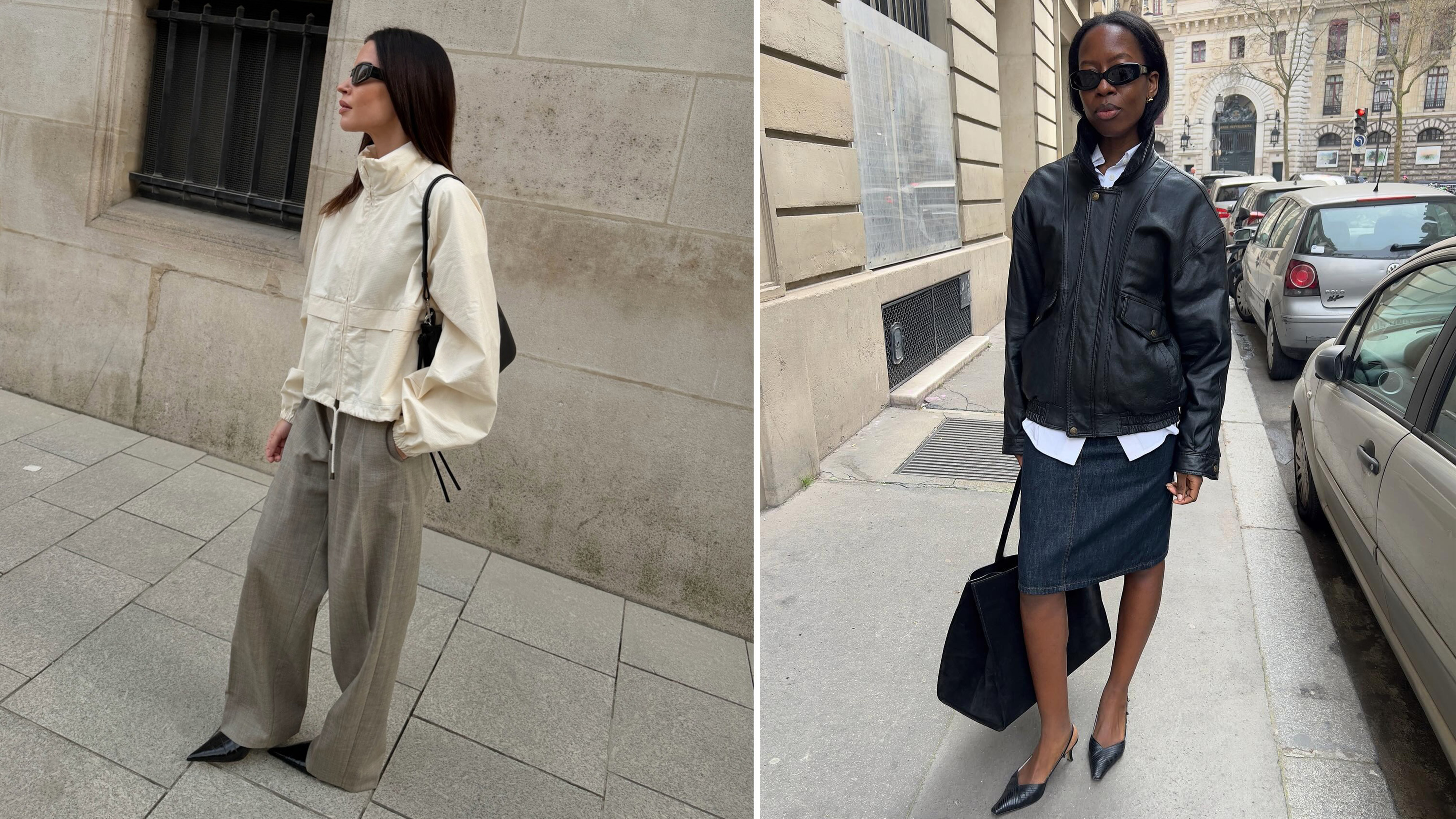 One woman wears a windbreaker and trousers. One woman wears a leather jacket and denim skirt.