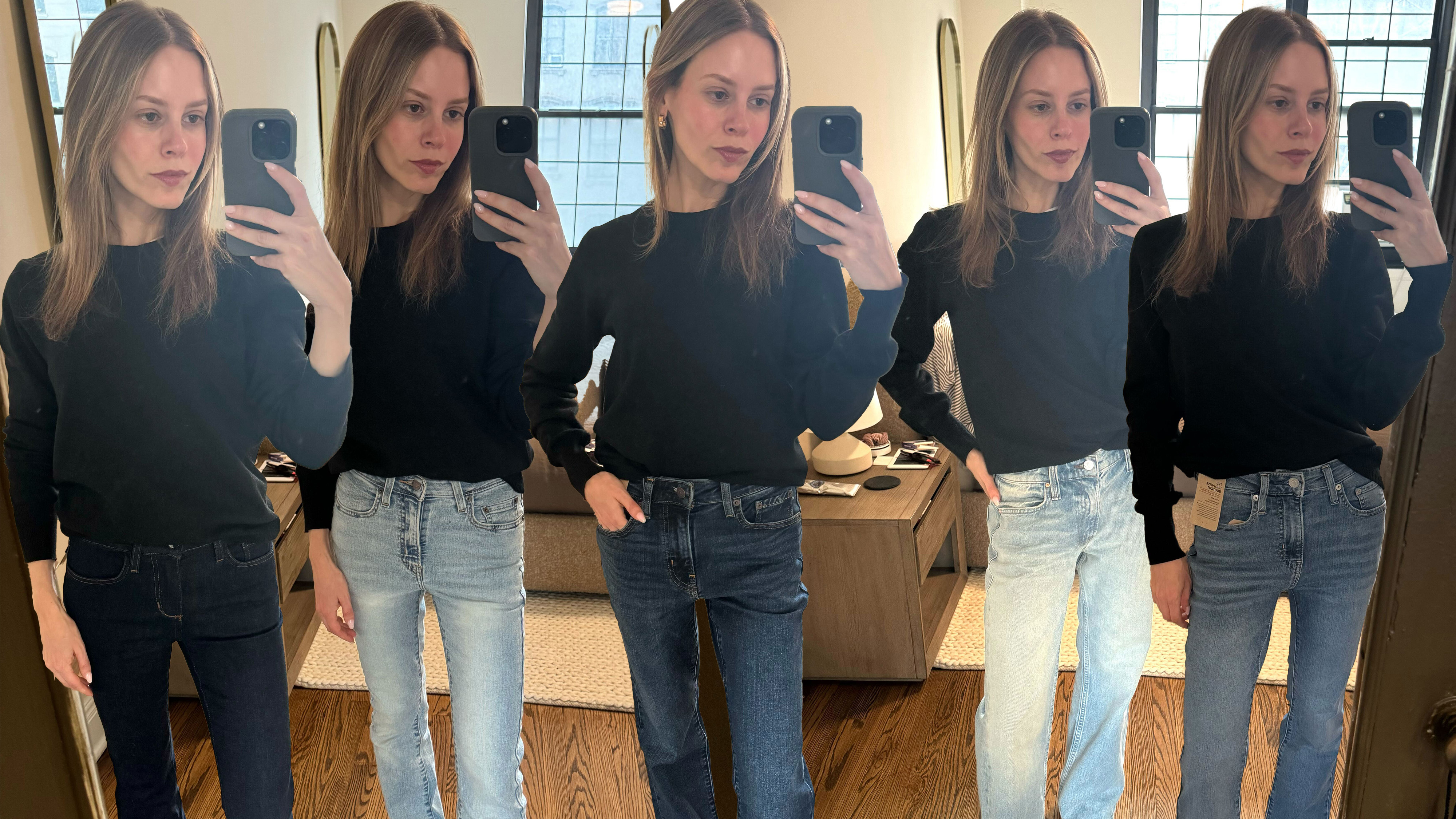 A collage of nikki wearing a black sweater with different bootcut jeans for petite women.