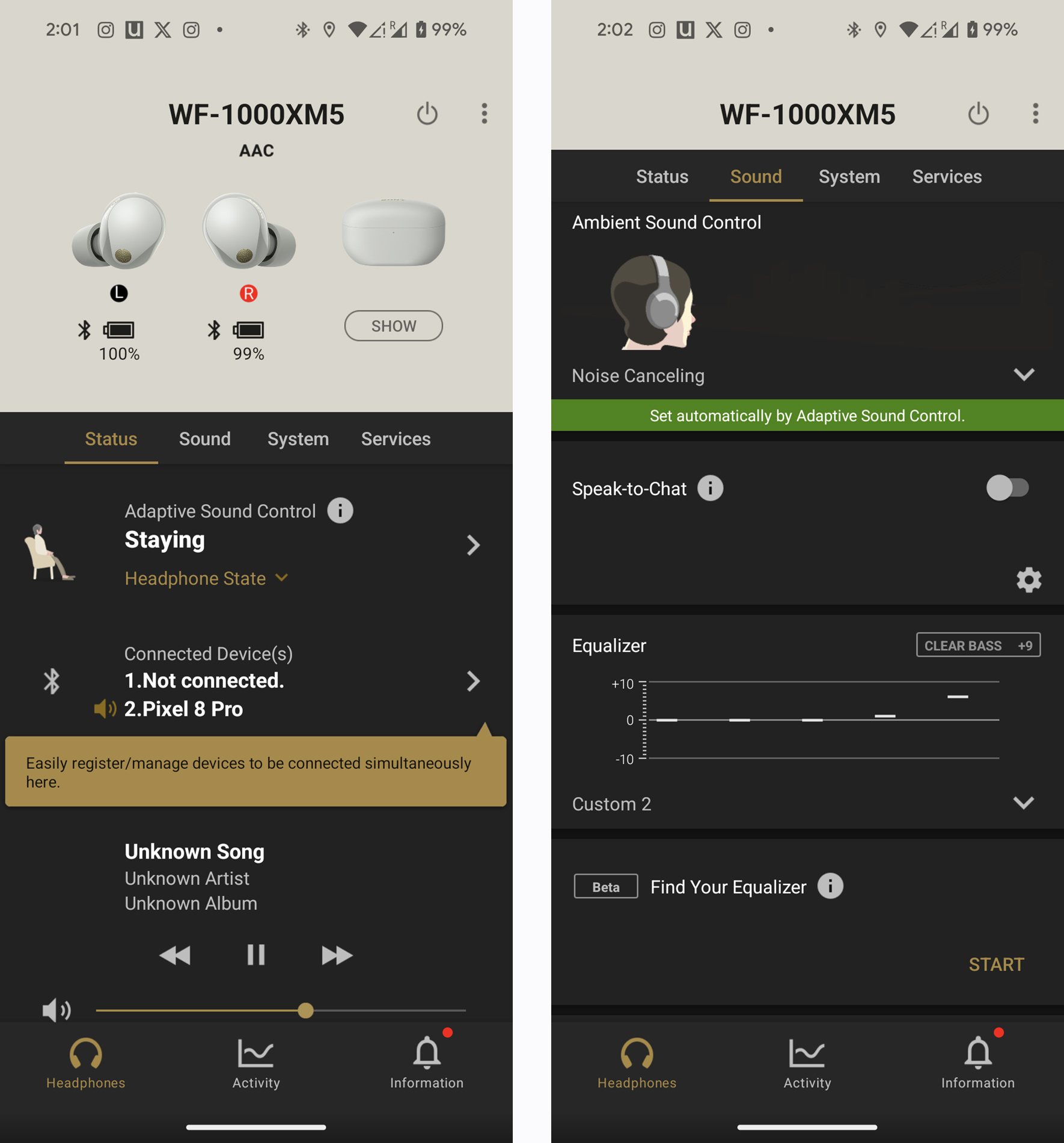 Screenshots from Sony Headphones Connect app for WF-1000XM5 earbuds.