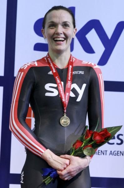 Victoria Pendleton (Team Sky) all smiles on the podium of the women's Keirin where she won the bronze medal