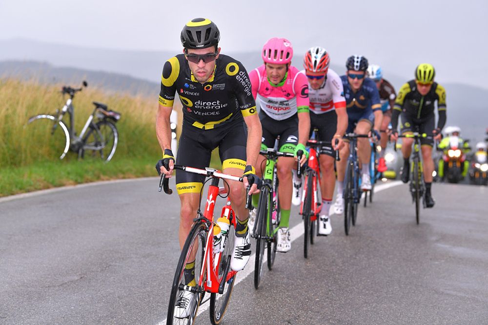 Silvan Dillier and Nans Peters (AG2R), Nathan Brown (EF-Drapac), Christopher Juul-Jensen (Mitchelton-Scott), Mark Christian (Aqua Blue Sport), Paul Ourselin (Direct Energie) formed the day's breakaway at the Tour de Suisse