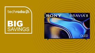 Sony 55-Inch Bravia 8 OLED 4K UHD Smart Google TV on yellow background with big savings TechRadar sign