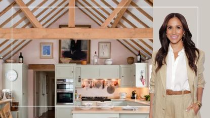 A cutout of Meghan Markle next to a Farmhouse Kitchen