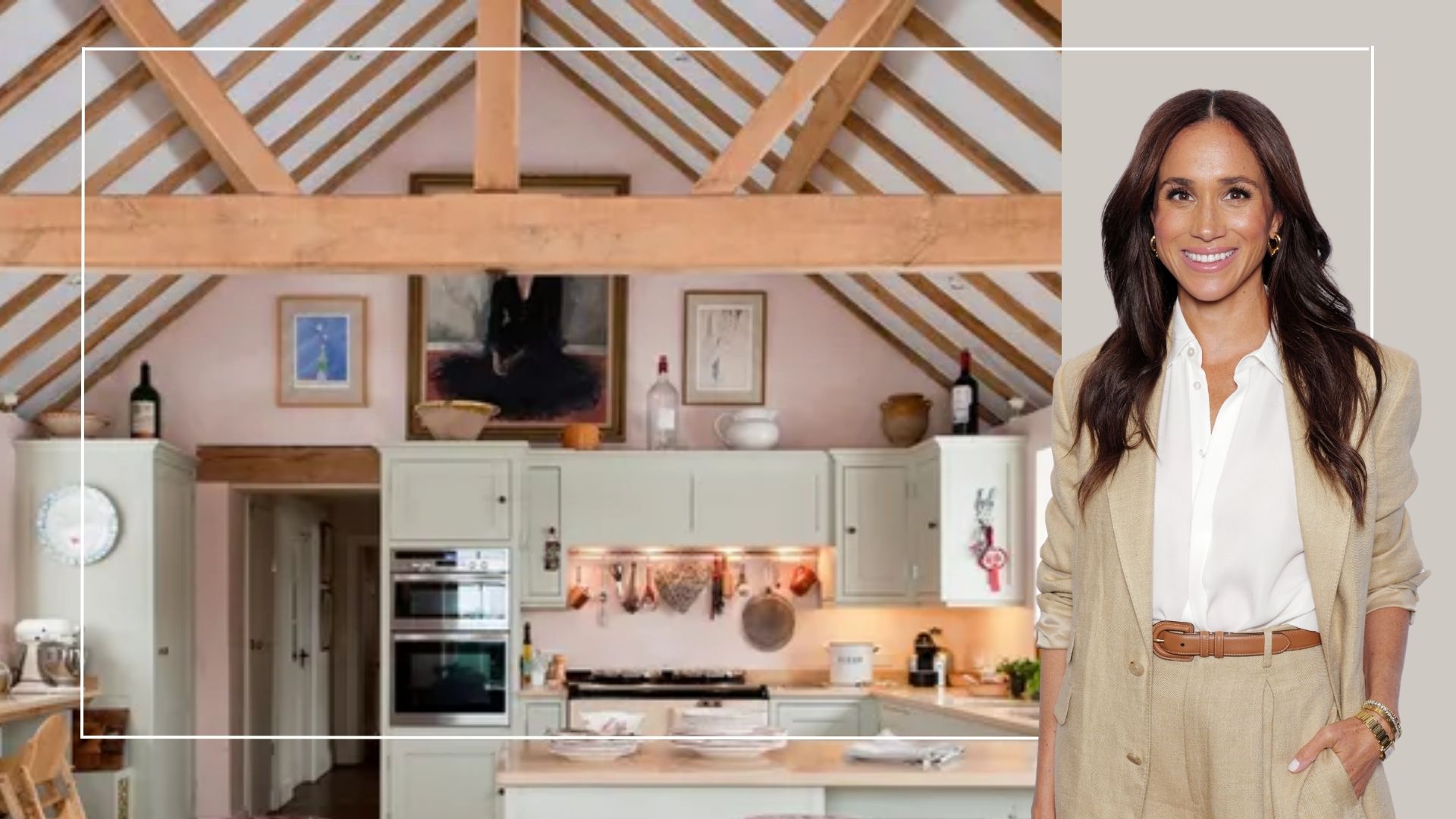 A cutout of Meghan Markle next to a Farmhouse Kitchen