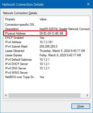 Windows 10 MAC address from Network Connection Details