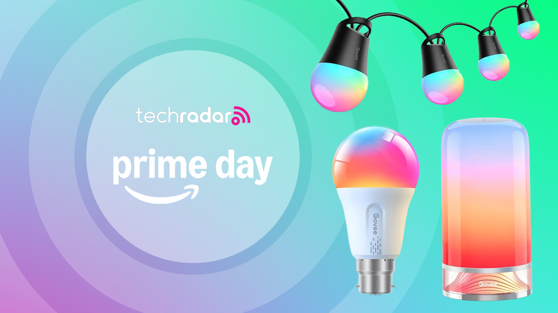 A selection of Govee smart lights are pictured next to white text which reads &quot;Tech Radar Prime Day&quot;.