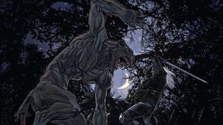 Geralt fights a werecat in the moonlight