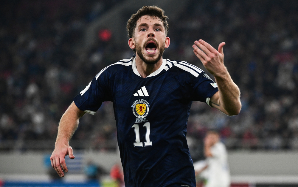 Scotland's forward #11 Ryan Christie celebrates after scoring his team's second goal during the FIFA World Cup 2026 Group C European qualification football match between Greece and Scotland