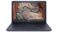 HP 14 Chromebook shown front-on with home screen displayed
