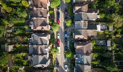 An aerial view of homes in a neighborhood.