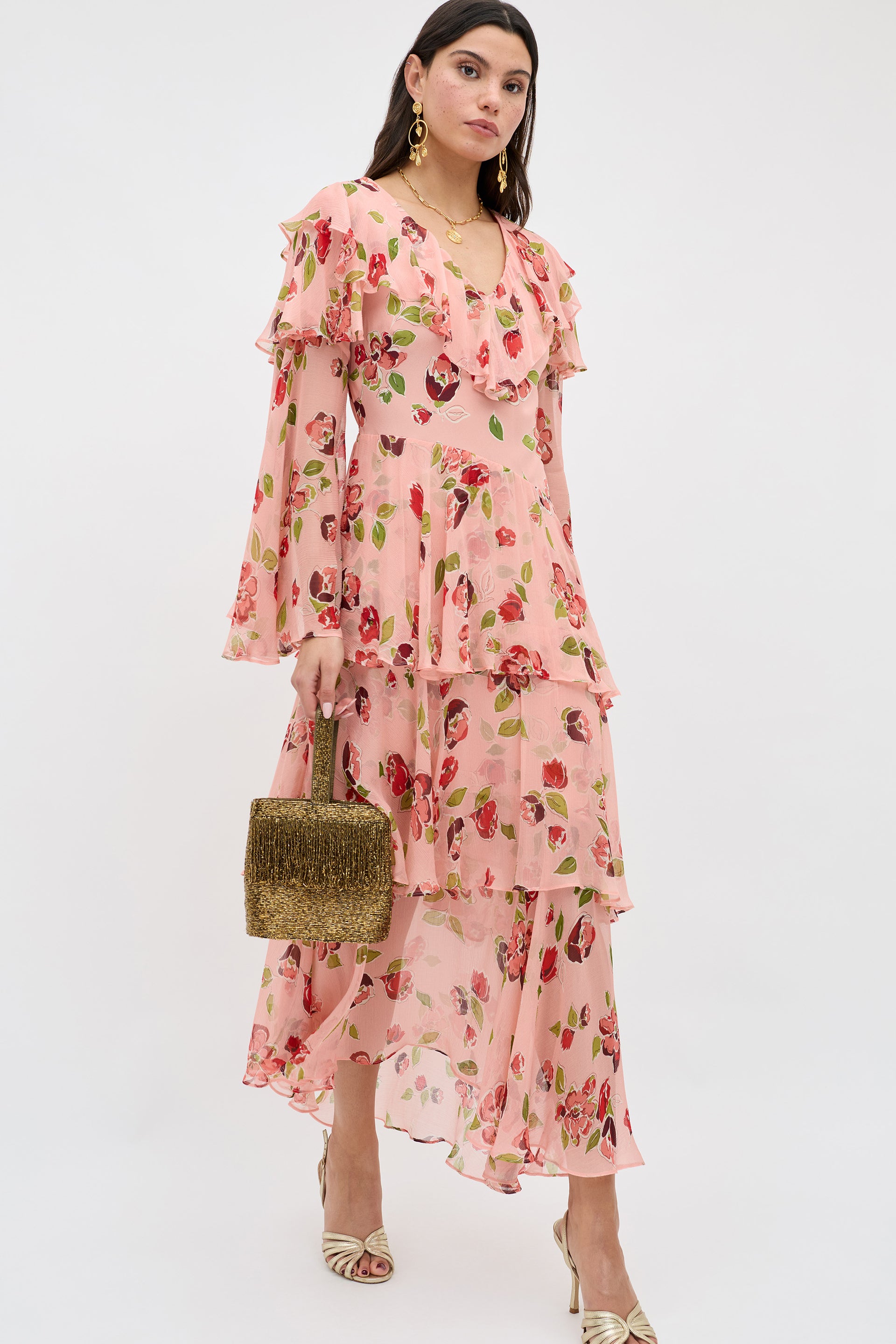 Loralyn Silk Midi Dress in Kimmie Floral Pink