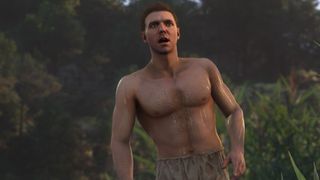 Henry, shirtless and damp, bellows from a pond