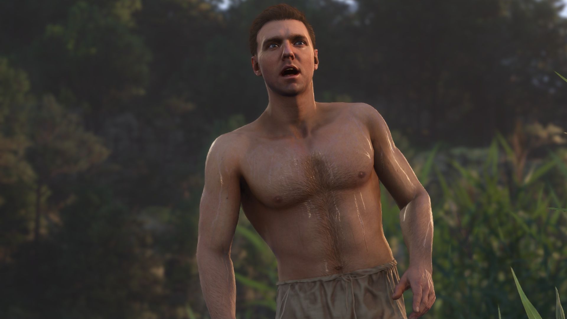 Henry, shirtless and damp, bellows from a pond