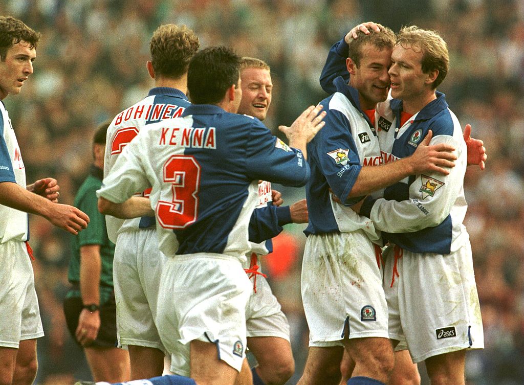 Alan Shearer is congratulated by his Blackburn Rovers team-mates after scoring the second goal against his former club, Southampton in the 1995/96 season