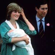 Princess Diana holds baby Prince William outside the Lindo Wing in June 1982 after giving birth, alongside King Charles and Queen Elizabeth