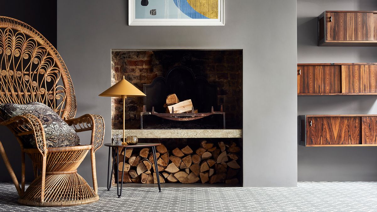 grey chimney breast with log storage