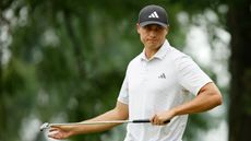 Ludvig Aberg reacts after a putt on the third green during the Rocket Mortgage Classic.