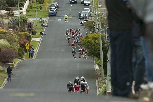 Riders had a roller-coaster like climb to get over on the 4.3km street circuit in Devonport.