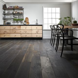 wooden kitchen with wooden floor