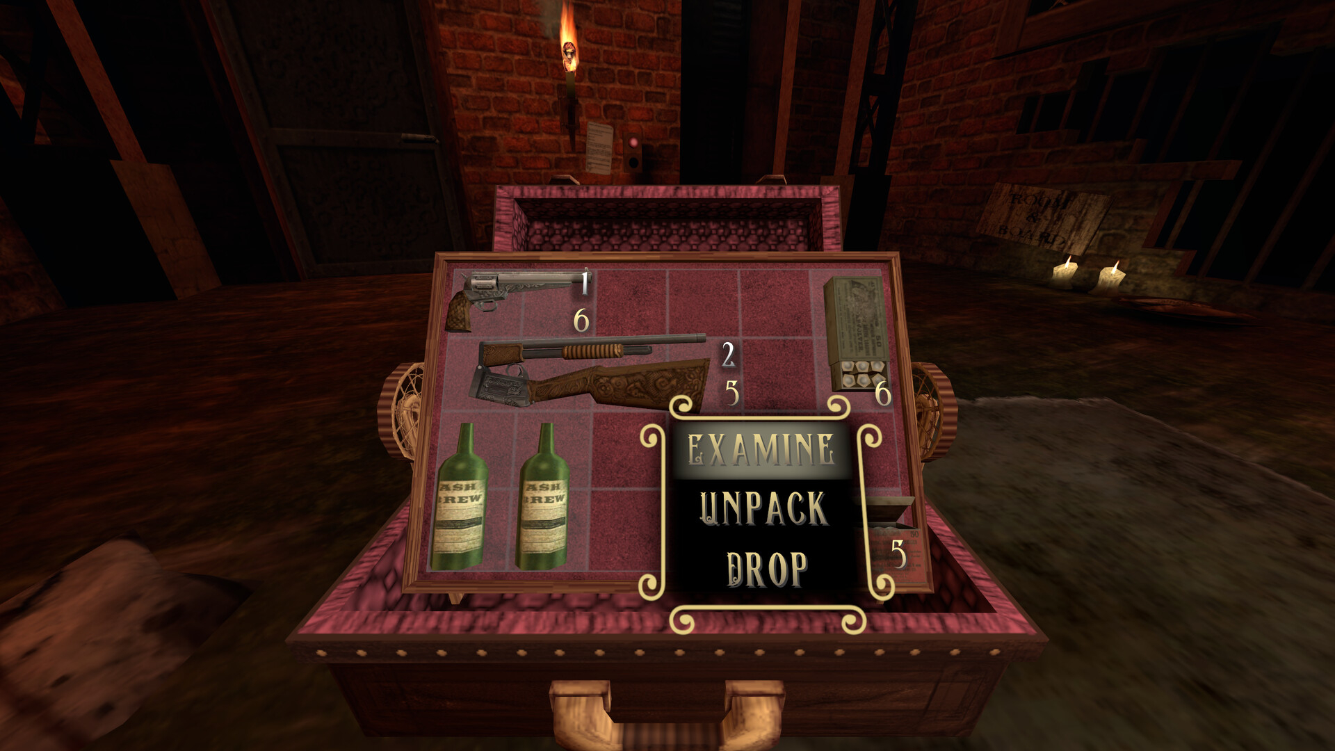 an inventory menu with wine, weapons and bullets displayed