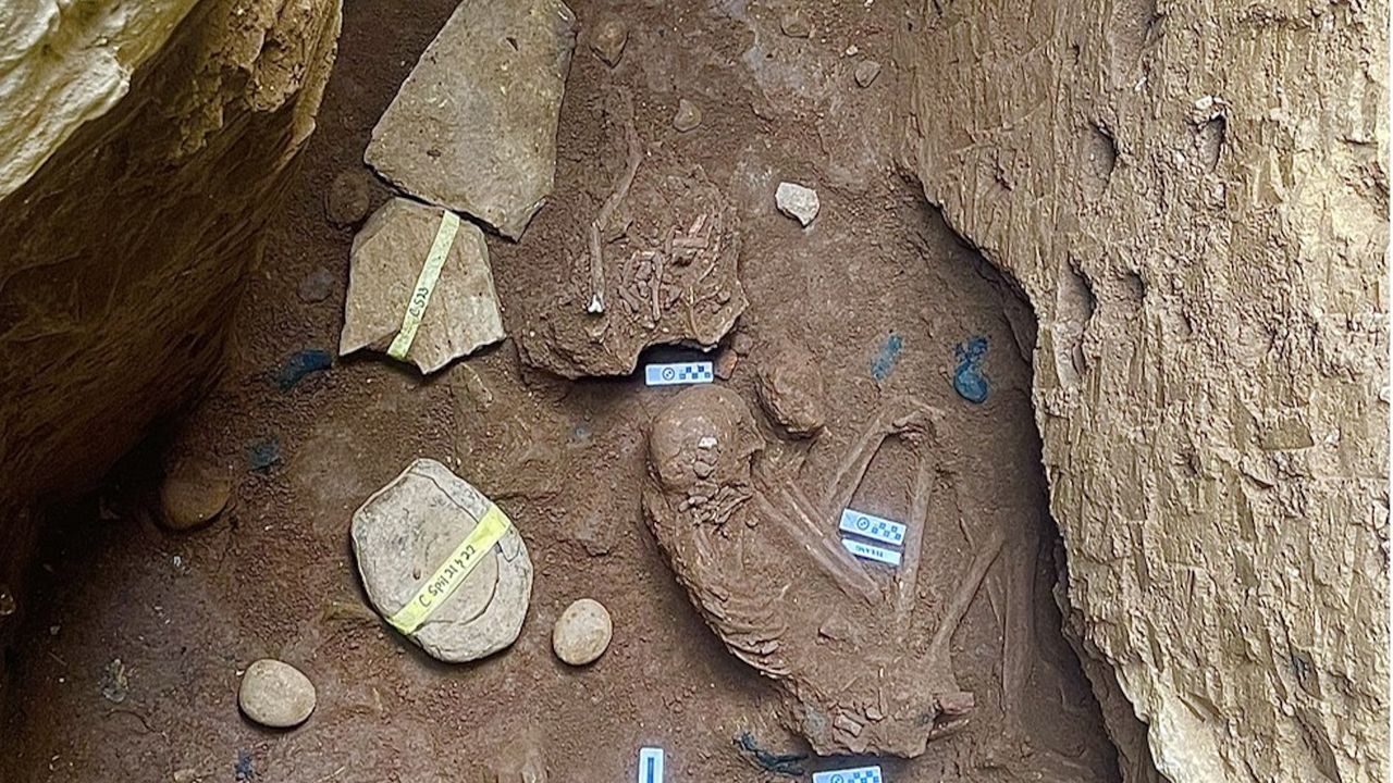 Two curled-up skeletons marked in an excavation site