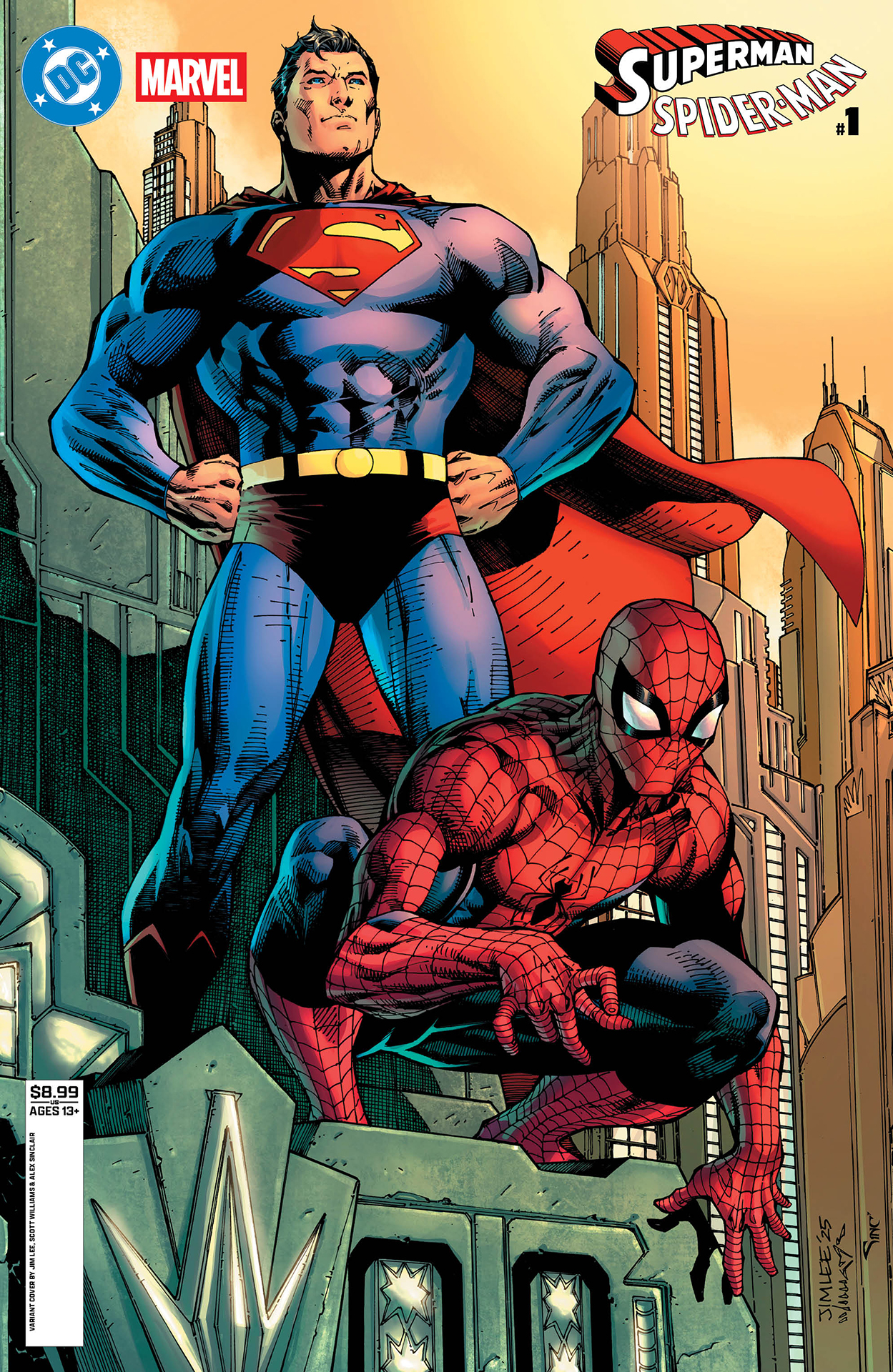 Superman and Spider-Man posing on a building by Jim Lee