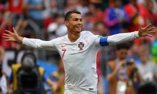 Cristiano Ronaldo celebrates after scoring for Portugal against Morocco at the 2018 World Cup.