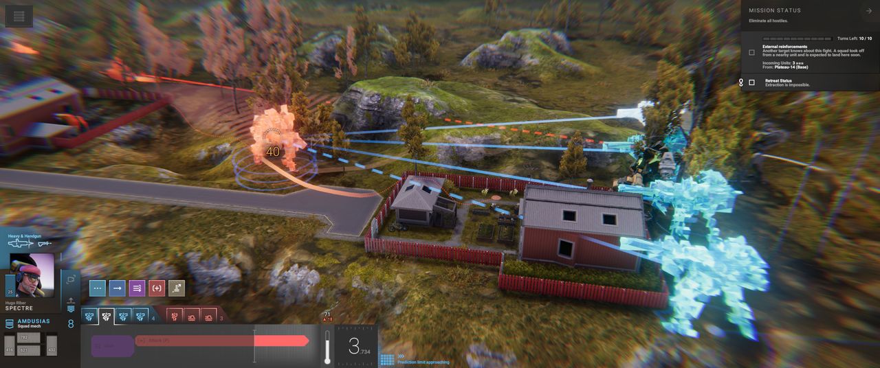 Mechs in Phantom Brigade shooting at one another.