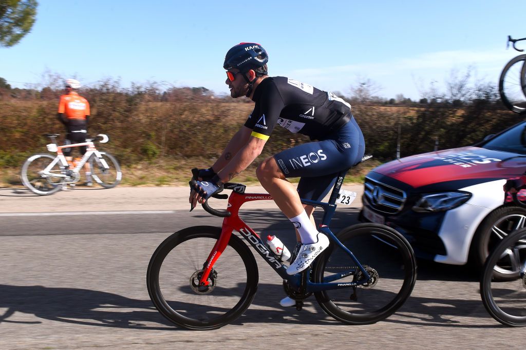 LES SAINTESMARIESDELAMER FRANCE FEBRUARY 11 Filippo Ganna of Italy and Team INEOS Grenadiers Black Leader Jersey competes during the 6th Tour De La Provence 2022 Stage 1 a 1593km stage from Istres to Les SaintesMariesdelaMer TDLP22 on February 11 2022 in Les SaintesMariesdelaMer France Photo by Luc ClaessenGetty Images