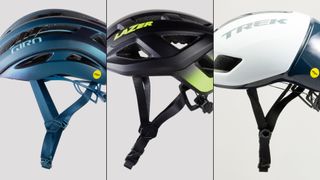 Three road bike helmets on a studio background