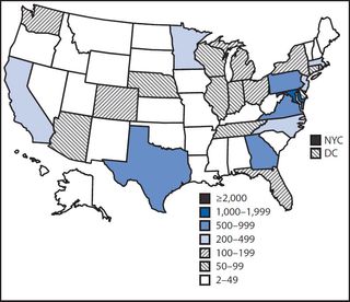 This map shows the number of people monitored for symptoms of Ebola in each state between November 2014 and March 2015.