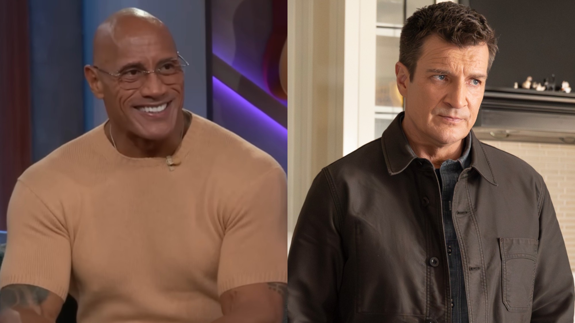 From L to R: Dwayne Johnson on The Kelly Clarkson Show, Nathan Fillion as Officer John Nolan on The Rookie.