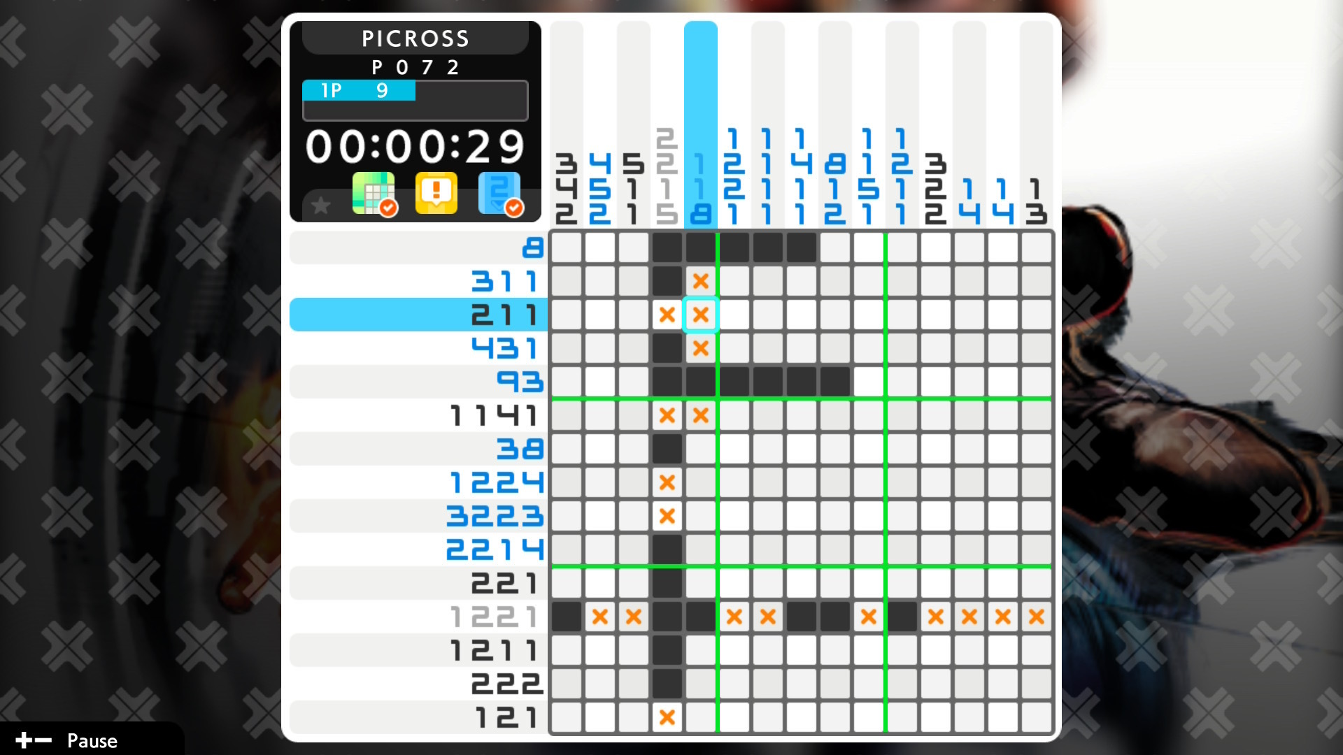 A screen depicting the typical square game board in Picross S. This is a 15x15 square grid made up of individual rows and columns. Some squares are filled in, indicating those are part of the final design.