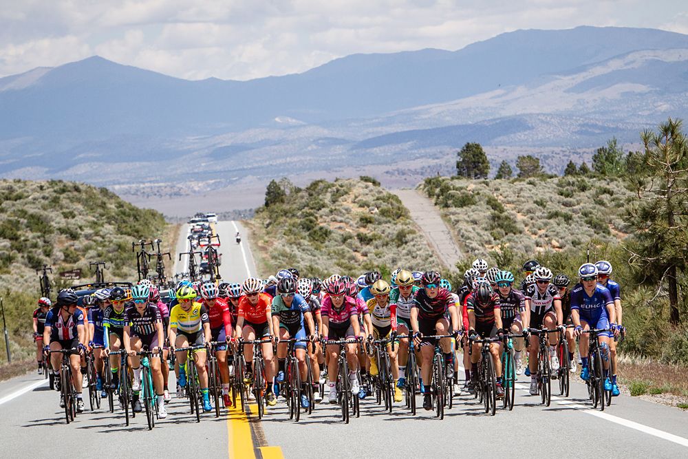 The peloton hits the first climb of the day during stage 2 of the Amgen Tour of California Women's Race