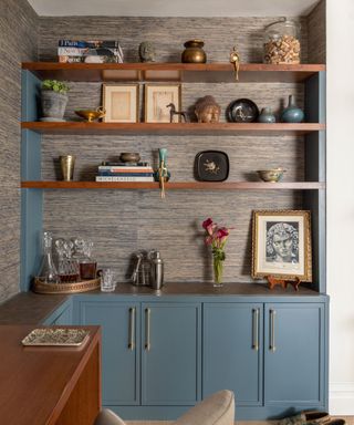 blue shelving in home office