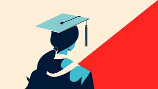 A graphic showing a stylised graduate wearing a mortarboard in blue, staring away from the viewer towards a beige landscape and diagonal red shape.