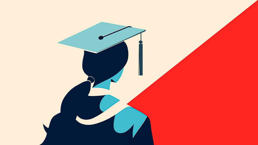 A graphic showing a stylised graduate wearing a mortarboard in blue, staring away from the viewer towards a beige landscape and diagonal red shape.