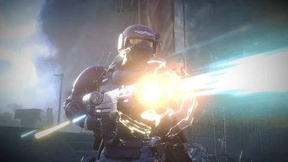 Helldivers 2 Warhammer 40,000 crossover Warbond demo trooper firing meltagun beam