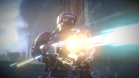 Helldivers 2 Warhammer 40,000 crossover Warbond demo trooper firing meltagun beam