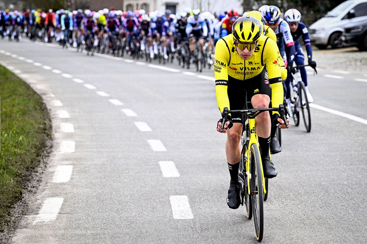 Visma-Lease a Bike did much of the early chasing at Omloop het Nieuwsblad
